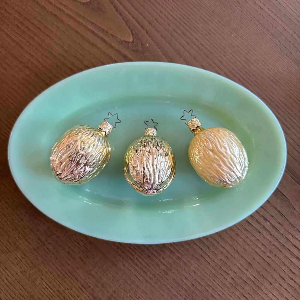 West Germany Glass Walnut Christmas Ornaments Set of 3 Gold Metallic Vintage